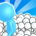 파란색 인물이 흰색 공들 앞에 서 있는 장면