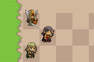 세 명의 캐릭터가 체스판 모양 바닥과 초록색 풀밭을 배경으로 서 있다