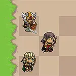 세 명의 캐릭터가 체스판 모양 바닥과 초록색 풀밭을 배경으로 서 있다