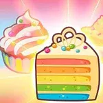 다채로운 무지개 색상의 케이크 조각과 컵케이크 이미지