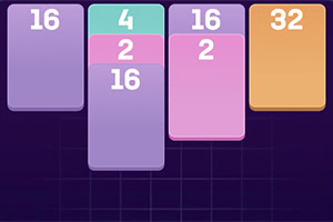 색깔이 다른 배경 위에 16, 4, 2, 32 숫자가 적힌 겹쳐진 카드들이 나열되어 있다