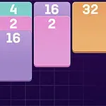 색깔이 다른 배경 위에 16, 4, 2, 32 숫자가 적힌 겹쳐진 카드들이 나열되어 있다