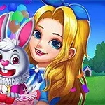 금발의 소녀가 파란 리본으로 장식된 머리를 하고 흰 토끼를 안고 있는 모습