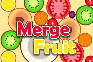 다양한 과일 조각들이 배경에 있고 중앙에 Merge Fruit라는 글자가 있는 이미지