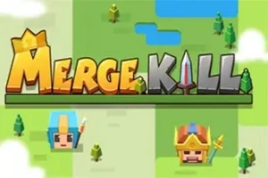 블록 스타일 캐릭터 두 명과 여러 나무가 있는 배경 위에 MERGE KILL 글자가 중앙에 배치되어 있습니다
