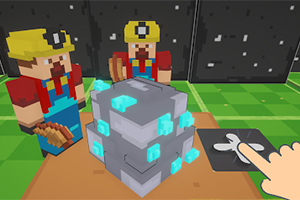 블록 형태의 인물이 헬멧을 쓰고 도구를 들고 있는 모습과 중앙에 푸른 보석이 박힌 회색 돌이 놓여 있는 장면