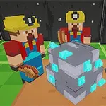 블록 형태의 인물이 헬멧을 쓰고 도구를 들고 있는 모습과 중앙에 푸른 보석이 박힌 회색 돌이 놓여 있는 장면