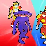 붉은색과 파란색 배경 앞에 서 있는 캐릭터들, 가운데는 여러 개의 입을 가진 보라색 생명체와 황색 동물 캐릭터들