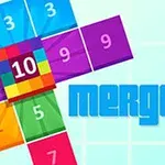 다양한 색상의 숫자 타일로 구성된 격자 무늬 배경과 중앙의 merge 10 텍스트