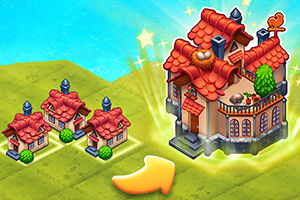 세 개의 작은 집이 큰 집으로 업그레이드되는 이미지