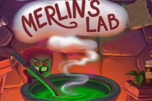 연두색 마법사 모양의 캐릭터가 큰 녹색 가마솥을 휘젓고 있는 모습과 MERLINS LAB이라는 글자가 있는 마법 실험실 배경