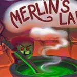 연두색 마법사 모양의 캐릭터가 큰 녹색 가마솥을 휘젓고 있는 모습과 MERLINS LAB이라는 글자가 있는 마법 실험실 배경