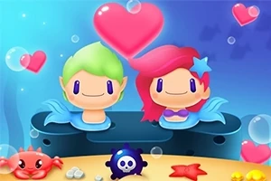 인어 모습의 캐릭터 두 명이 물속에서 서로 웃고 있으며, 하트 모양과 거품이 주변에 있는 장면
