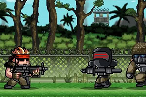 픽셀 아트로 표현된 숲 배경 앞에서 무기를 든 세 명의 군인