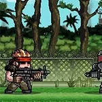 픽셀 아트로 표현된 숲 배경 앞에서 무기를 든 세 명의 군인