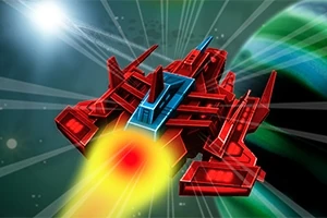 우주를 배경으로 빨간색과 파란색의 기하학적인 우주선이 빛을 내며 날아가는 모습