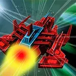 우주를 배경으로 빨간색과 파란색의 기하학적인 우주선이 빛을 내며 날아가는 모습