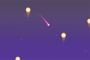 보라색 배경 위에 핑크색 유성이 날아가고 있으며 금색 동전들이 흩어져 있는 모습
