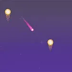 보라색 배경 위에 핑크색 유성이 날아가고 있으며 금색 동전들이 흩어져 있는 모습