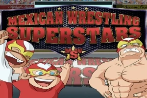 세 명의 만화 캐릭터가 복싱 링 앞에 서 있는 모습과 MEXICAN WRESTLING SUPERSTARS라는 문구