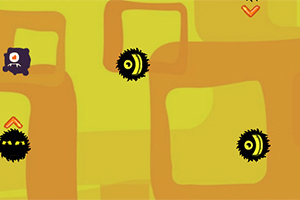 노란 배경에 검은 털이 달린 캐릭터들이 흩어져 있고, 빨간색 화살표가 위를 향해 있습니다