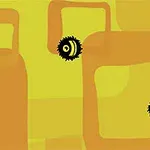 노란 배경에 검은 털이 달린 캐릭터들이 흩어져 있고, 빨간색 화살표가 위를 향해 있습니다