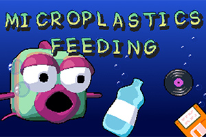 물고기와 함께 MICROPLASTICS FEEDING 텍스트, 플라스틱 병, 레코드판, 그리고 상자가 있는 일러스트