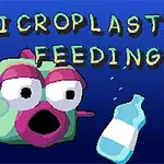 물고기와 함께 MICROPLASTICS FEEDING 텍스트, 플라스틱 병, 레코드판, 그리고 상자가 있는 일러스트