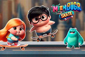 스케이트보드를 타고 있는 귀여운 두 아이와 파란 털을 가진 괴물 캐릭터