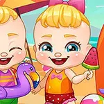 귀여운 아기 두 명이 해변에서 튜브와 아이스크림을 들고 웃고 있는 모습