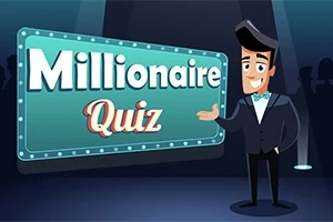 만화 스타일의 남자가 Millionaire Quiz라고 적힌 네온 사인을 가리키고 있는 이미지