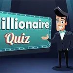 만화 스타일의 남자가 Millionaire Quiz라고 적힌 네온 사인을 가리키고 있는 이미지