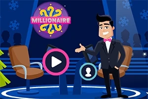 애니메이션 남성이 무대에서 두 개의 의자 옆에 서 있으며 무대 상단에 MILLIONAIRE란 글자가 적힌 원형 로고가 있다