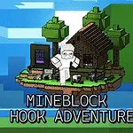 블록으로 구성된 집과 나무가 있는 부유 섬 중앙에 하얀 갑옷을 입은 캐릭터가 서 있으며, MINEBLOCK HOOK ADVENTURE라는 텍스트가 배치되어 있다