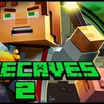 픽셀 스타일 캐릭터가 손전등을 들고 동굴을 탐험하며 하단에 MINECAVES 2라는 글자가 있는 이미지