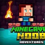 픽셀 스타일의 캐릭터가 횃불과 보석이 있는 동굴 안에 서 있는 이미지