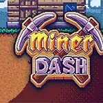 픽셀 스타일의 광부가 땅을 파는 장면과 Miner Dash 로고가 나무 오두막 앞에 나타나는 이미지