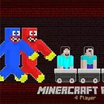 블록 형태의 캐릭터들이 카트에 탑승해 있고, 두 명의 캐릭터가 옆에서 걷고 있는 이미지