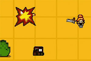 노란색 격자 배경 위에 폭발 효과와 캐릭터가 있고, 풀과 작은 상자가 있다