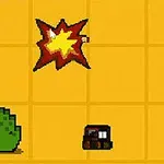 노란색 격자 배경 위에 폭발 효과와 캐릭터가 있고, 풀과 작은 상자가 있다