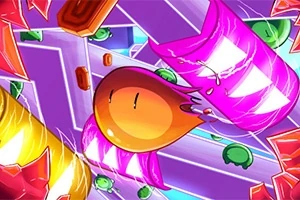 화려한 색감의 판타지 풍경 속에 핑크색 캐릭터와 다양한 색상의 장애물이 있는 장면