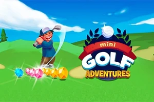 푸른 잔디 위에서 골프채를 휘두르는 캐릭터와 다채로운 보석, 그리고 mini Golf Adventures라는 텍스트가 포함된 로고