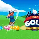 푸른 잔디 위에서 골프채를 휘두르는 캐릭터와 다채로운 보석, 그리고 mini Golf Adventures라는 텍스트가 포함된 로고