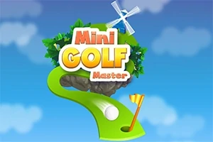 미니 골프 코스로 장식된 하늘 배경에 Mini Golf Master라는 텍스트가 있는 이미지