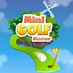 미니 골프 코스로 장식된 하늘 배경에 Mini Golf Master라는 텍스트가 있는 이미지