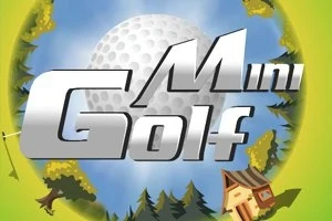 커다란 골프공을 배경으로 Mini Golf라는 텍스트가 중앙에 있으며, 주변에 나무와 작은 집이 있는 이미지