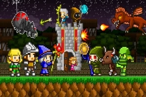 픽셀 아트 스타일로 중세 판타지 전사가 성 앞에서 전투 준비를 하고 있으며, 하늘에는 용과 거대한 거미가 날고 있다