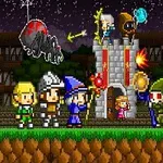 픽셀 아트 스타일로 중세 판타지 전사가 성 앞에서 전투 준비를 하고 있으며, 하늘에는 용과 거대한 거미가 날고 있다