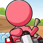 핑크색 캐릭터가 고카트를 운전하며 트랙을 질주하는 뒷모습