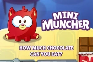 빨간색 만화 캐릭터와 MINI MUNCHER라는 텍스트가 있으며, 배경에는 초콜릿이 있는 이미지